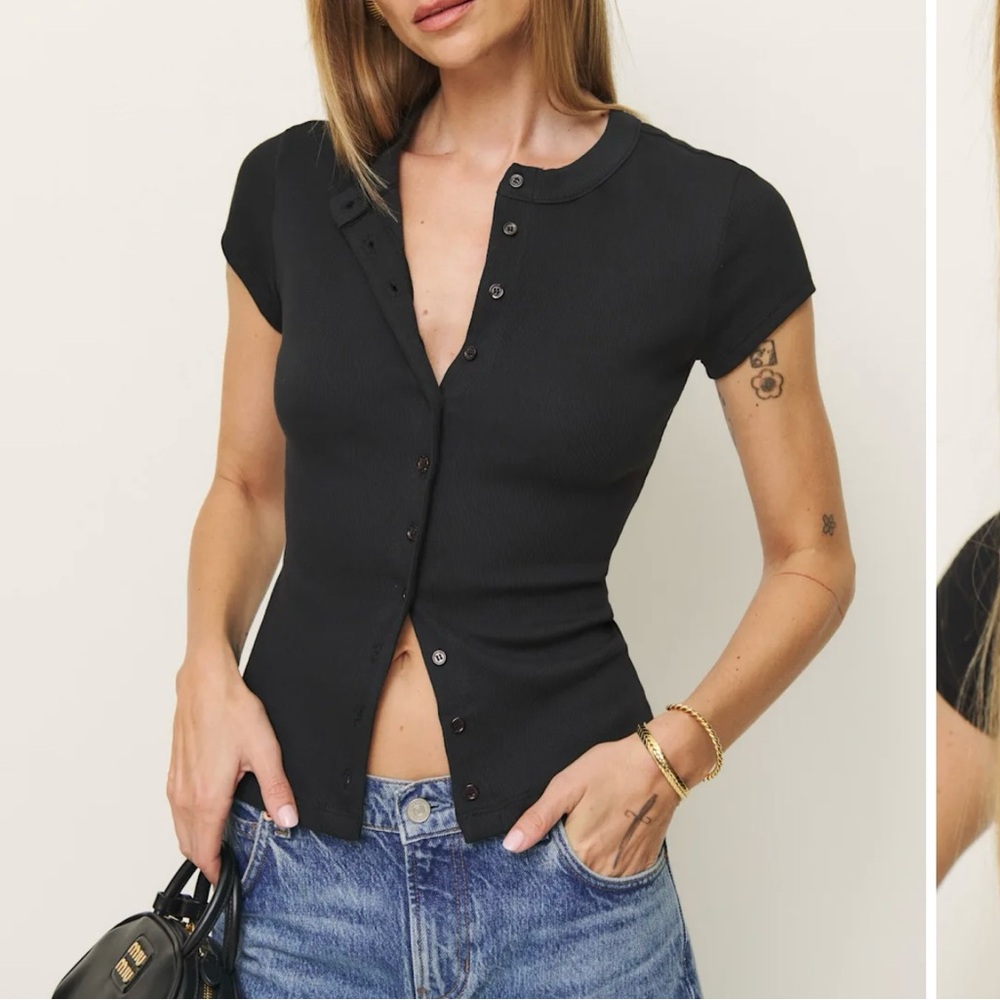 Reformation Black Ribbed Button-Up Cap Sleeve Top